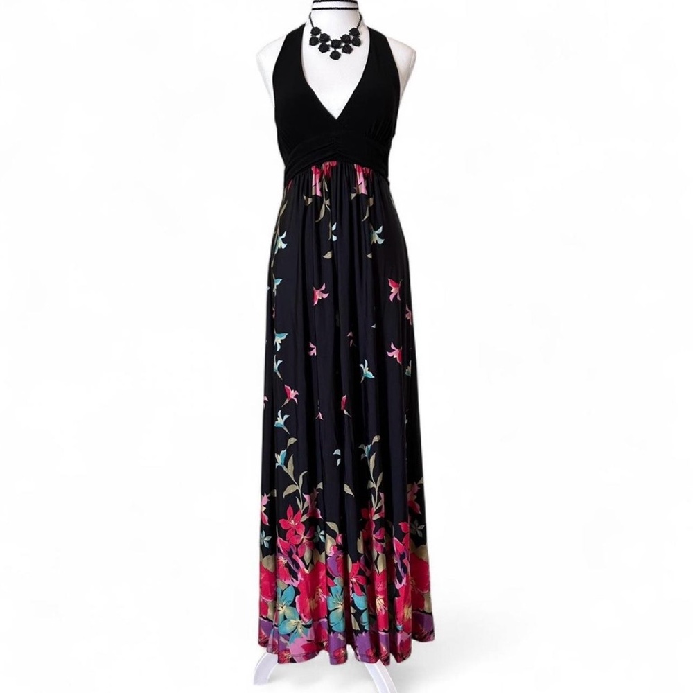 Forever 21 Black Halter Maxi Dress with Pink & Teal Floral Border